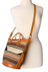 Assorted Earthtone Sisal Handbag with Leather Straps and Round Leather Base