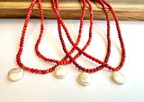 Red Coral Bead Necklace with Pearl Pendant