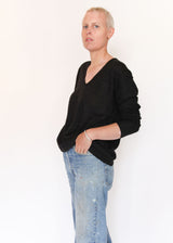 Fine Low V Neck - Black Melange