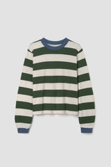 A long-sleeve crewneck sweater with horizontal stripes in dark green and off-white, featuring solid blue ribbed trim at the collar, cuffs, and hem, displayed on a neutral light gray background.