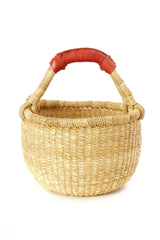 Natural Baby Ghanaian Bolga Basket with Brown Leather Handle