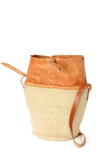 Large White Sisal Purse With Leather Cinch Top