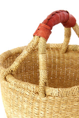 Natural Baby Ghanaian Bolga Basket with Brown Leather Handle