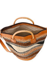 Assorted Earthtone Sisal Handbag with Leather Straps and Round Leather Base