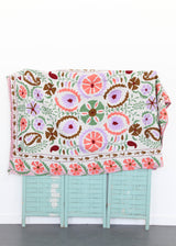 Kantha Quilt - White w/ Coral, Lilac, Green and Purple Chain Stitch Embroidery