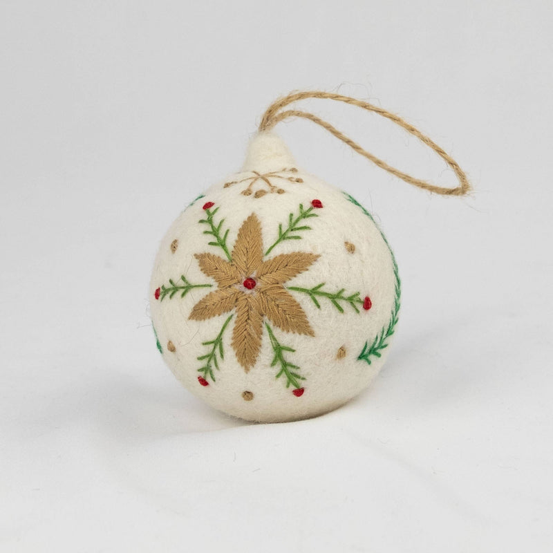 Holiday Felt Ball Ornament Hand Embroidered White Assorted