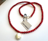 Red Coral Bead Necklace with Pearl Pendant 