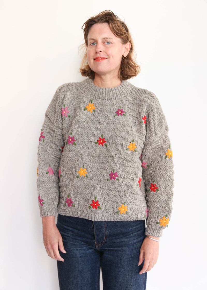 Hand Knit Pullover with Embroidery - Gray