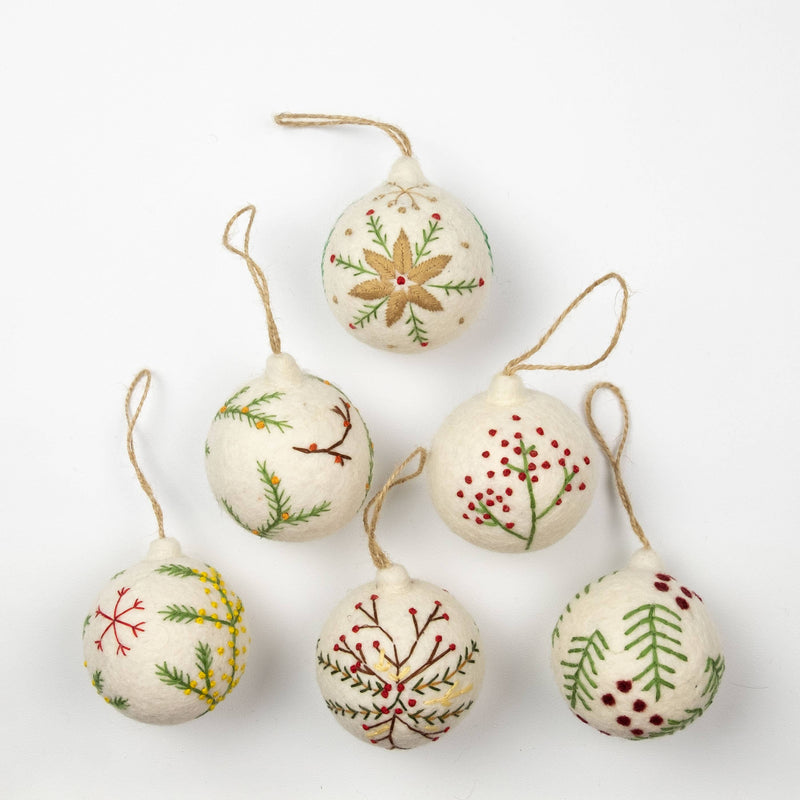 Holiday Felt Ball Ornament Hand Embroidered White Assorted