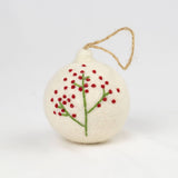 Holiday Felt Ball Ornament Hand Embroidered White Assorted