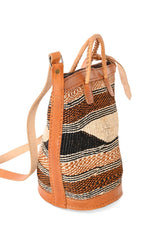 Assorted Earthtone Sisal Handbag with Leather Straps and Round Leather Base