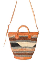 Assorted Earthtone Sisal Handbag with Leather Straps and Round Leather Base