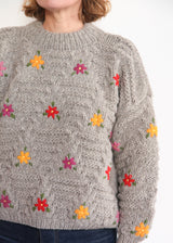 Hand Knit Pullover with Embroidery - Gray