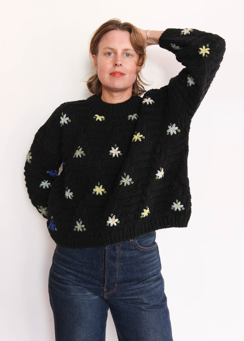 Hand Knit Pullover with Embroidery - Black