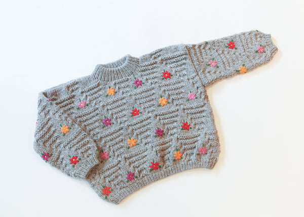 Hand Knit Pullover with Embroidery - Gray