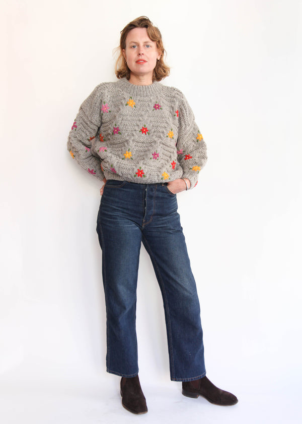 Hand Knit Pullover with Embroidery - Gray