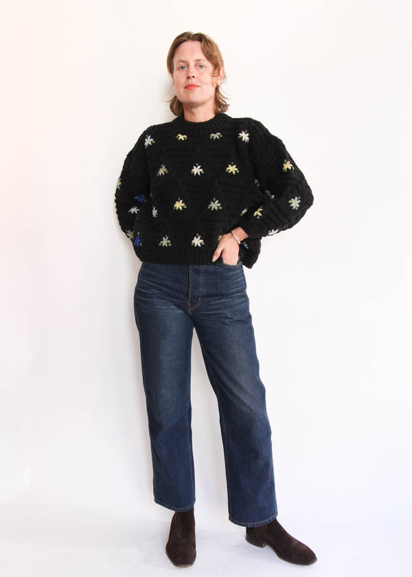 Hand Knit Pullover with Embroidery - Black