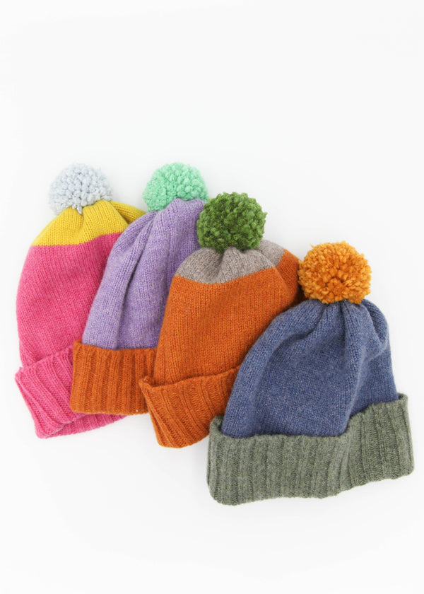 Kids' Lambswool Bobble Hats - Colour Blocks