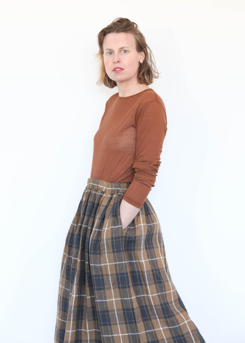 Linen Tartan Skirt - Brown