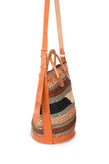Assorted Earthtone Sisal Handbag with Leather Straps and Round Leather Base