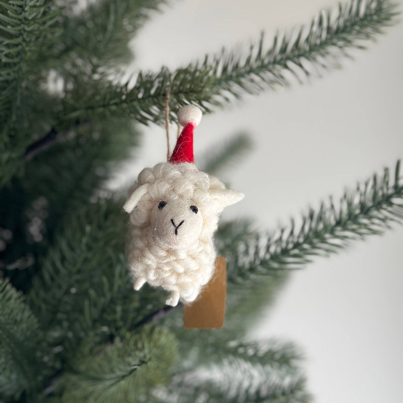Felt Ornament - Fluffy Sheep Ornament with Christmas Hat