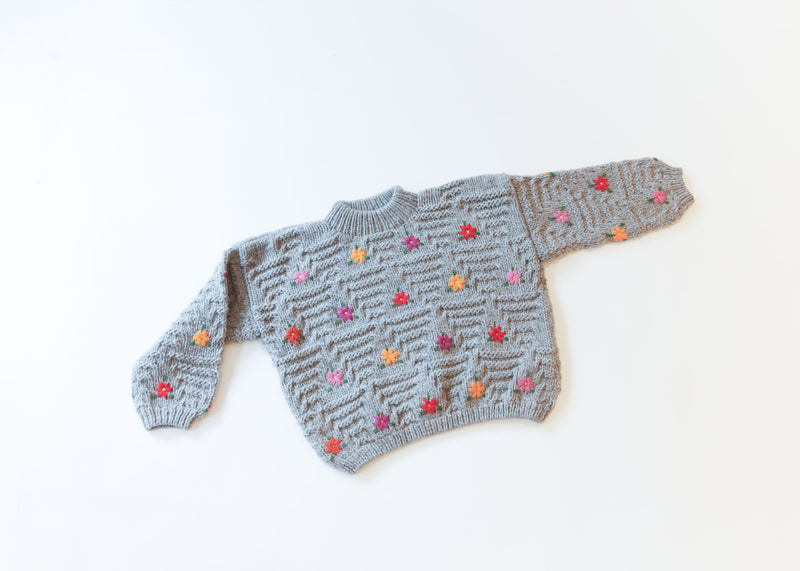 Hand Knit Pullover with Embroidery - Gray