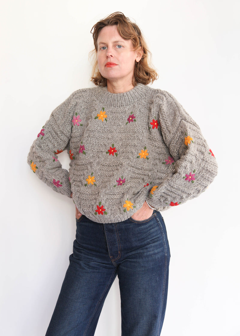 Hand Knit Pullover with Embroidery - Gray