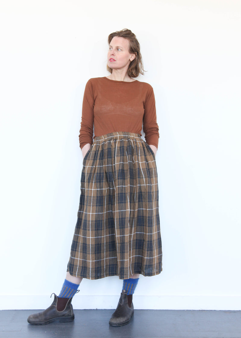 Linen Tartan Skirt - Brown