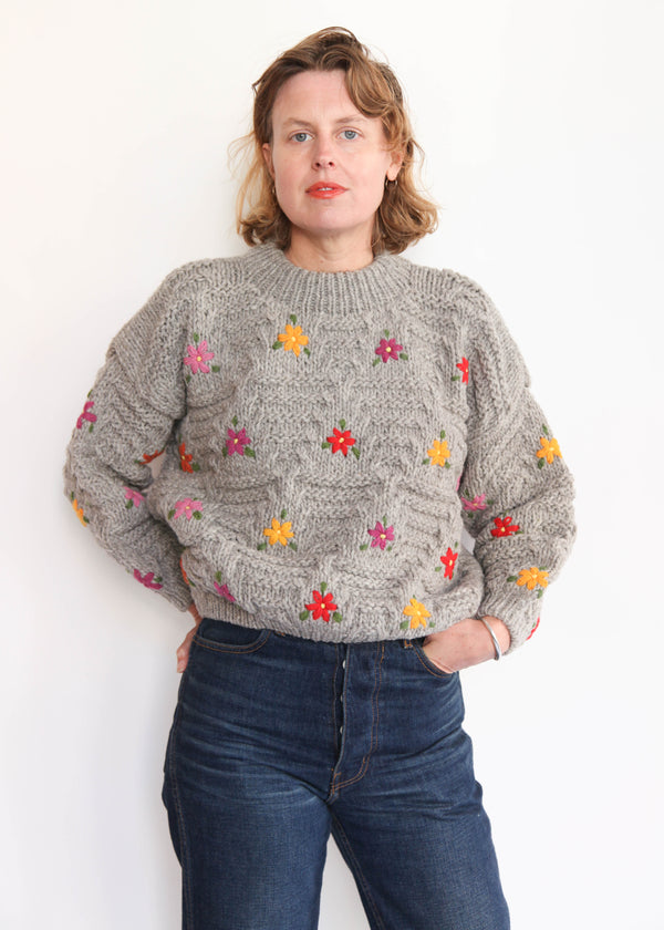 Hand Knit Pullover with Embroidery - Gray