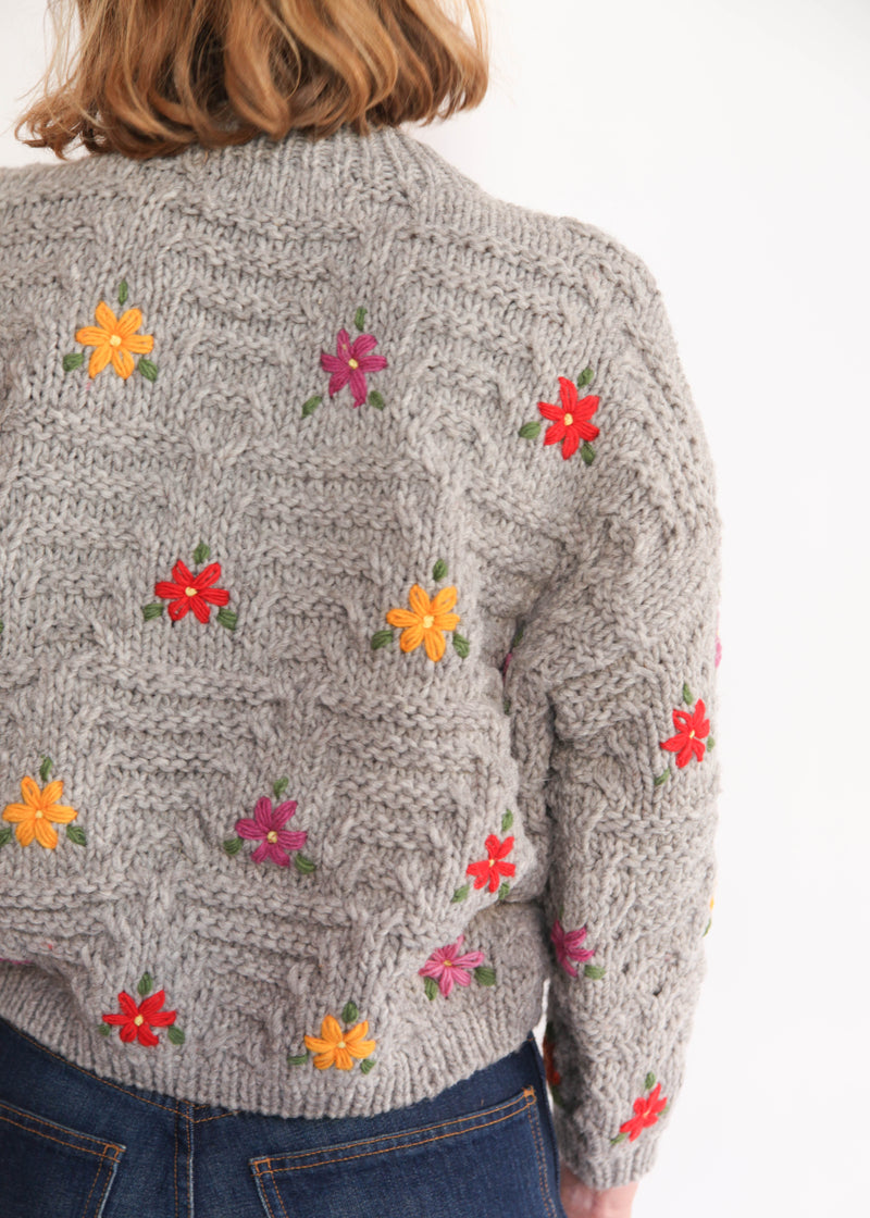 Hand Knit Pullover with Embroidery - Gray