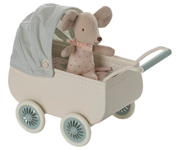 Pram With Baby Mouse - Mint