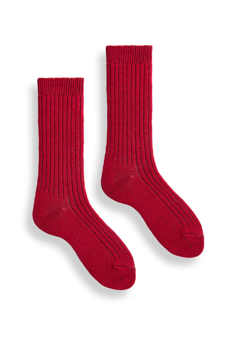 Women’s Solid Ribbed Wool Cashmere Crew Socks - Red