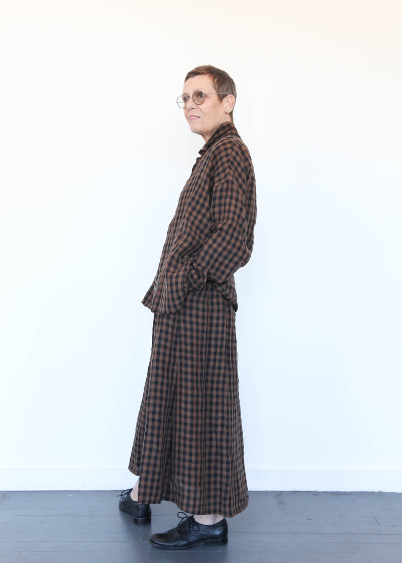 Linen Gingham Check Shirt Brown