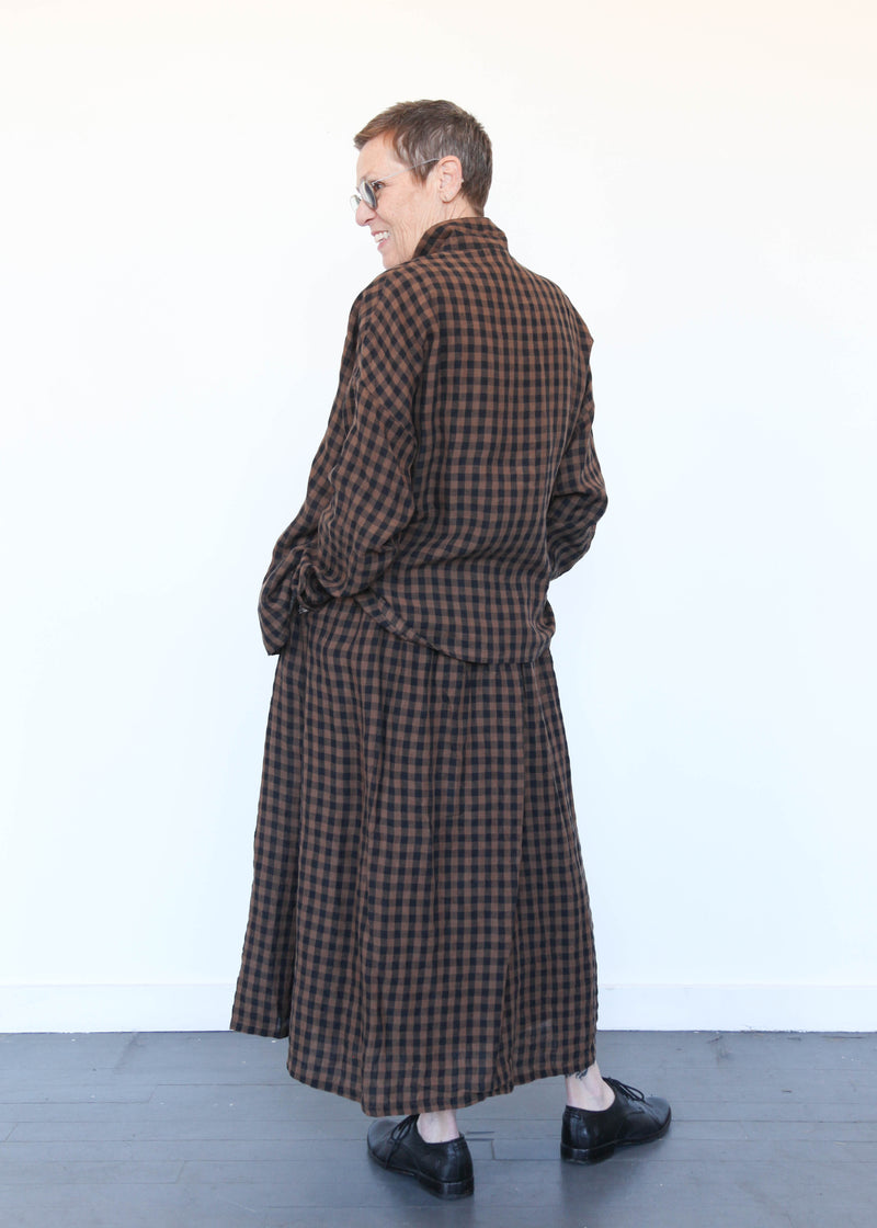 Linen Gingham Check Shirt Brown