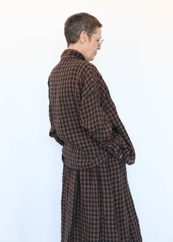 Linen Gingham Check Shirt Brown