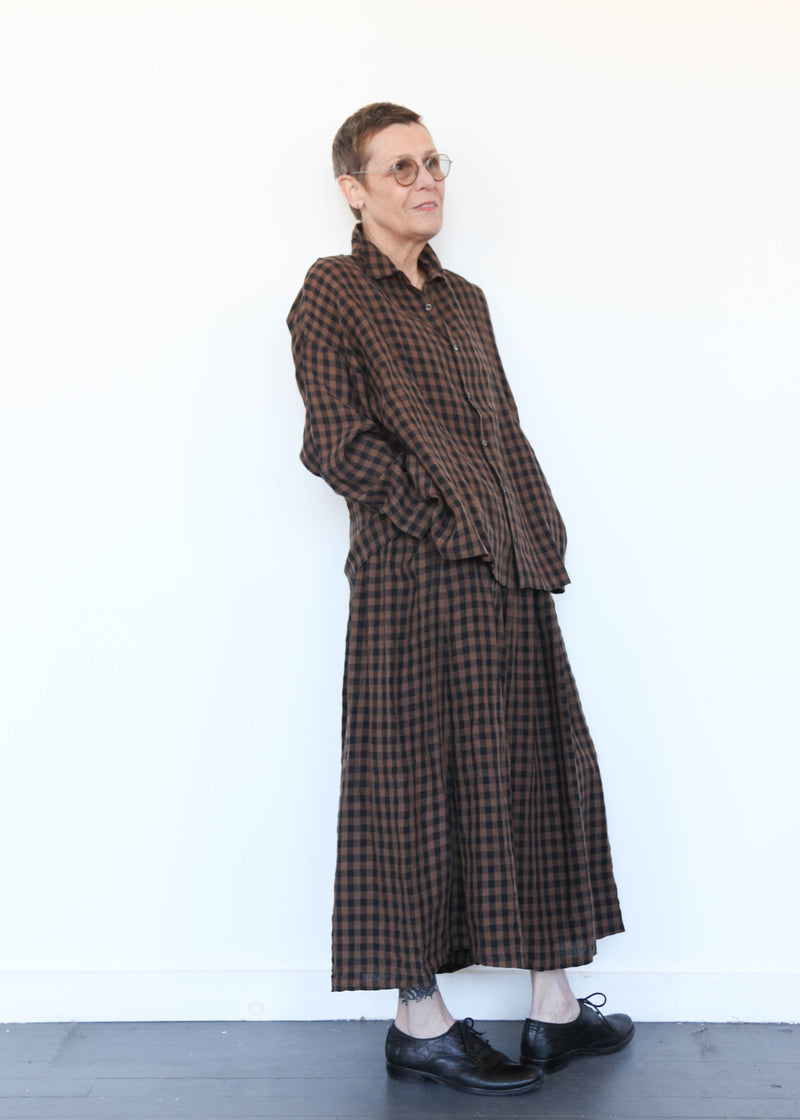 Linen Gingham Check Shirt Brown