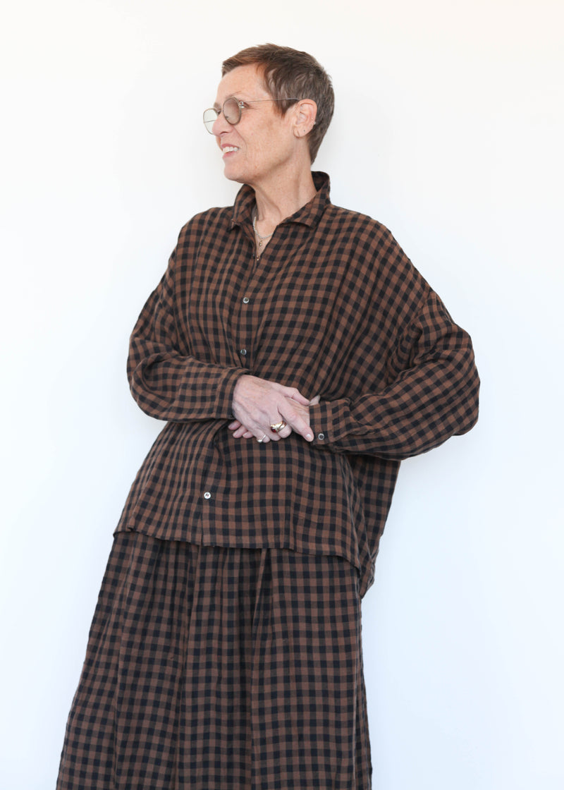 Linen Gingham Check Shirt Brown