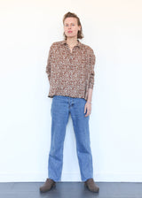 Linen Flower Print Shirt Brown