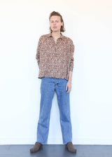 Linen Flower Print Shirt Brown