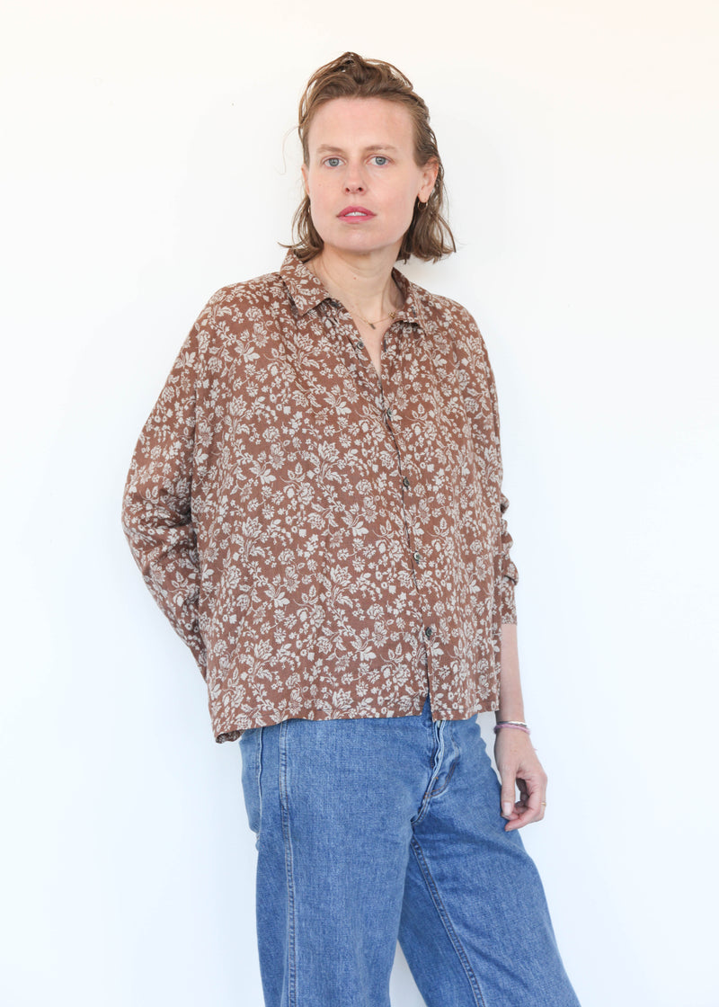 Linen Flower Print Shirt Brown