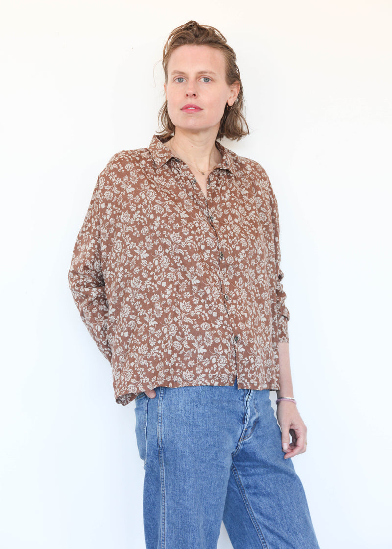 Linen Flower Print Shirt Brown