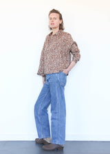 Linen Flower Print Shirt Brown