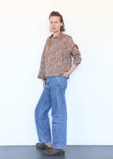 Linen Flower Print Shirt Brown