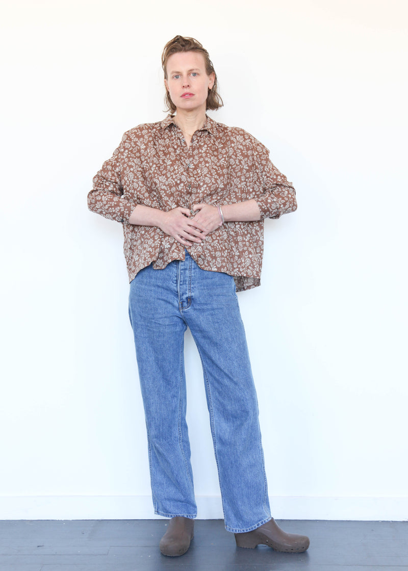 Linen Flower Print Shirt Brown