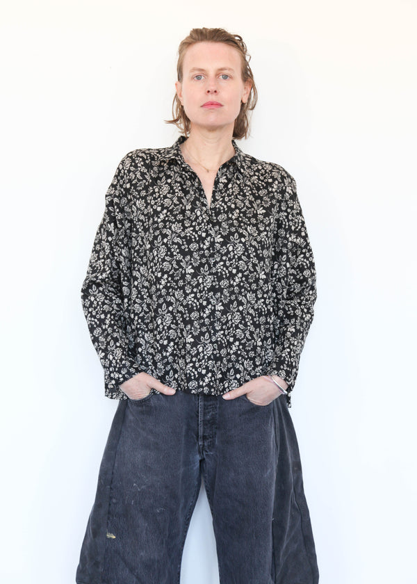 Linen Flower Print Shirt Black