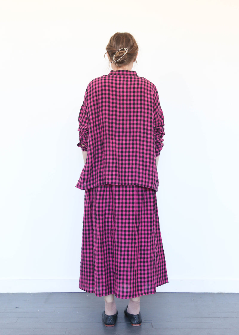 Linen Gingham Check Skirt Pink