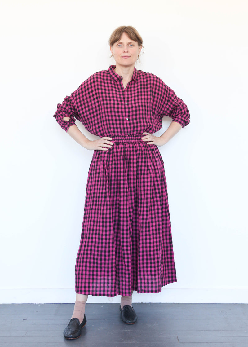 Linen Gingham Check Skirt Pink