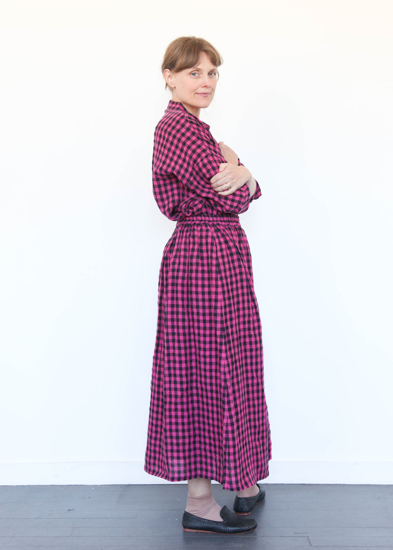 Linen Gingham Check Skirt Pink