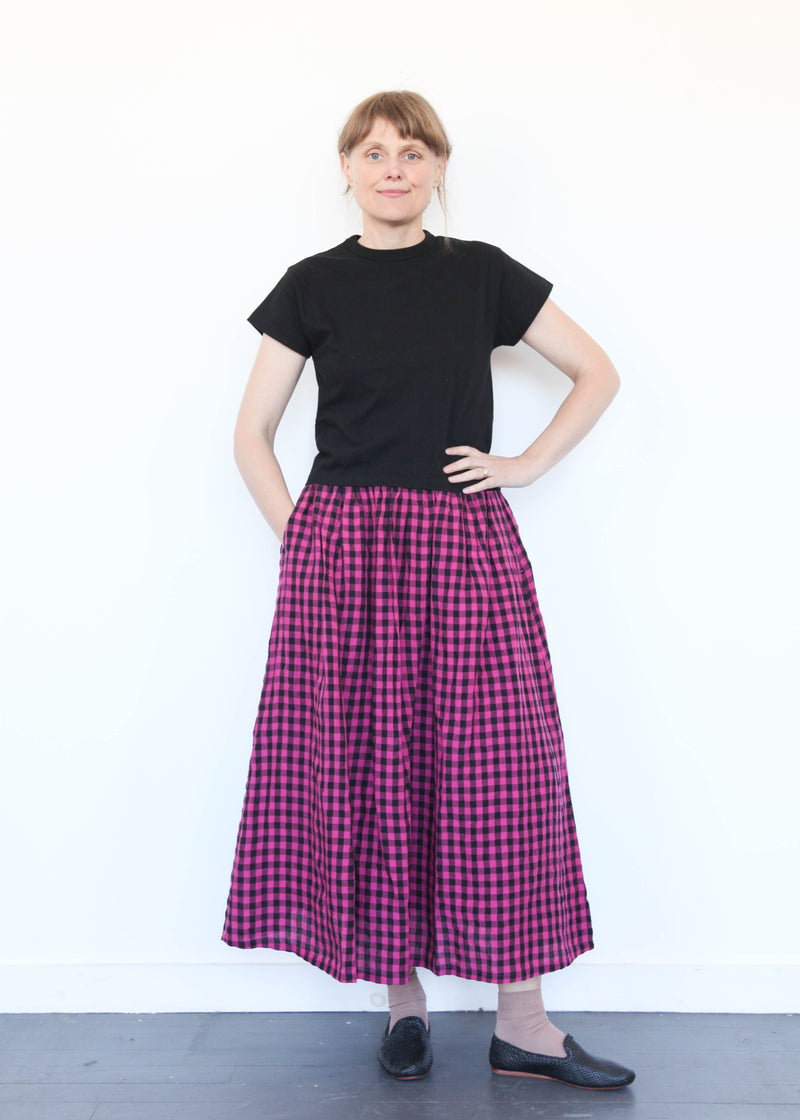 Linen Gingham Check Skirt Pink