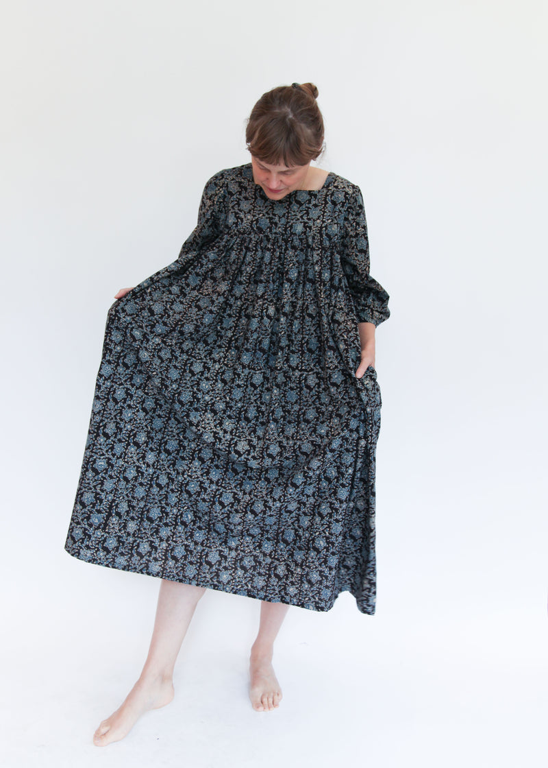 Daphne Dress - Black/Indigo Print
